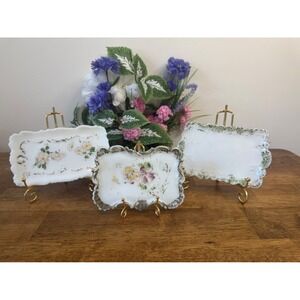 Antique Victorian Milk Glass Rectangular Trays Ornate Floral and‎ Gold Gilt Edge